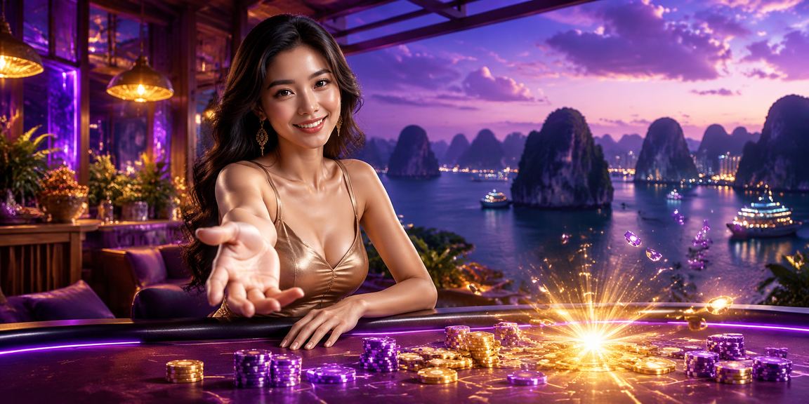 Cảnh bàn baccarat trực tiếp gần vịnh Hạ Long với không gian cà phê thoáng đãng